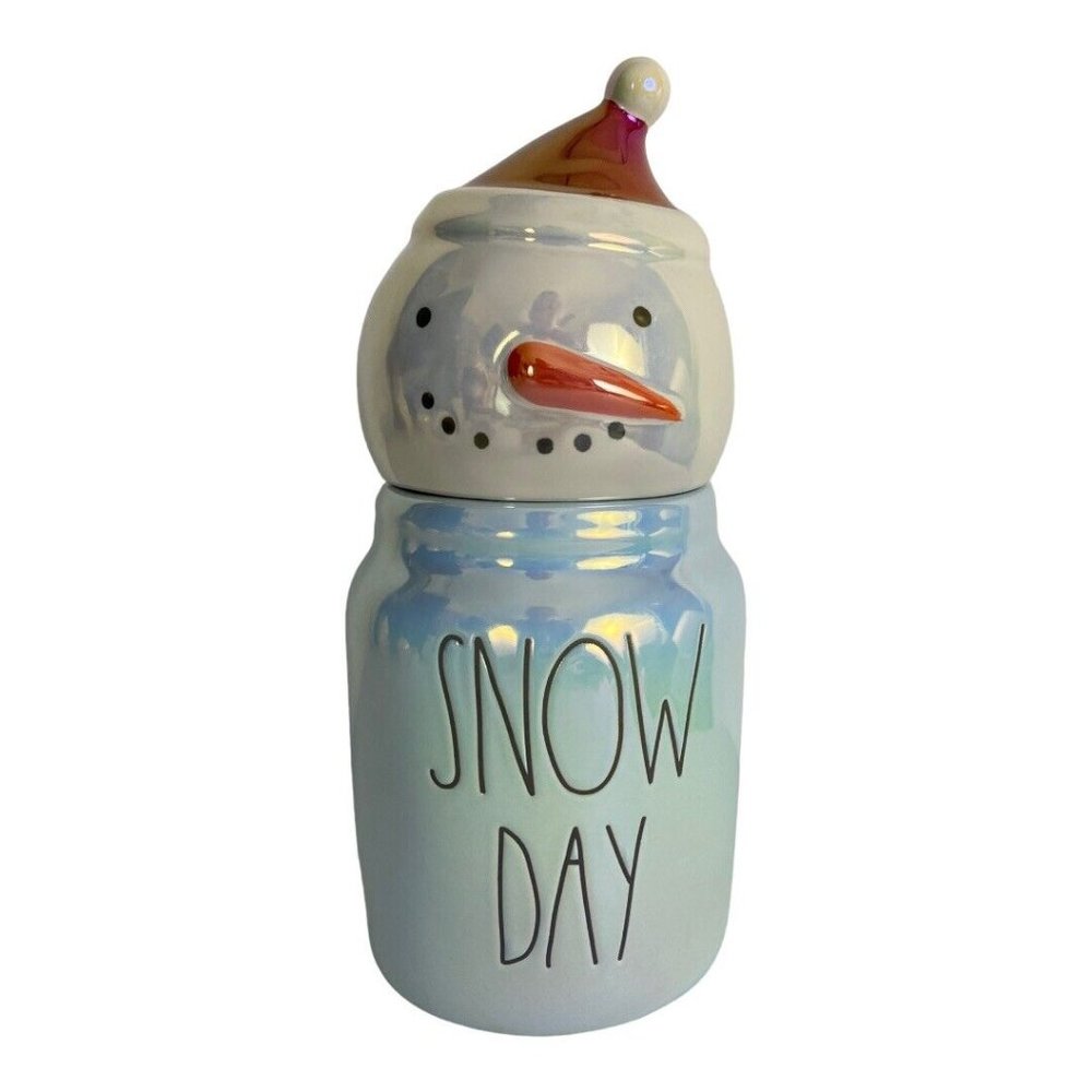 Rae Dunn "Snow Day” Canister Iridescent Blue Baby Snowman Topper Christmas NEW